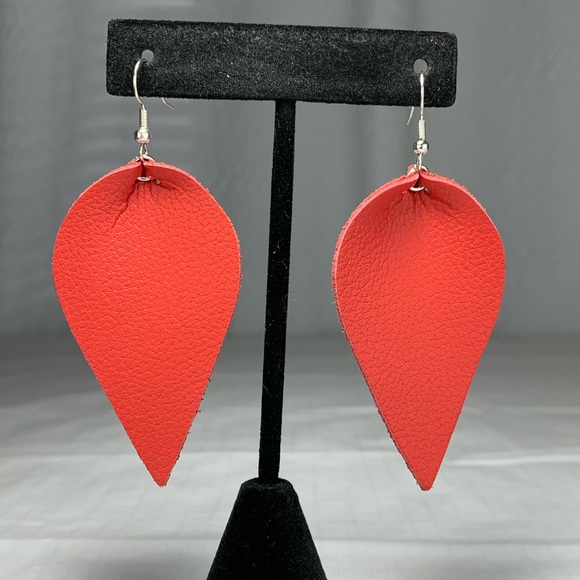 Boho Red Leather Leaf Earrings - Picture 3 of 4